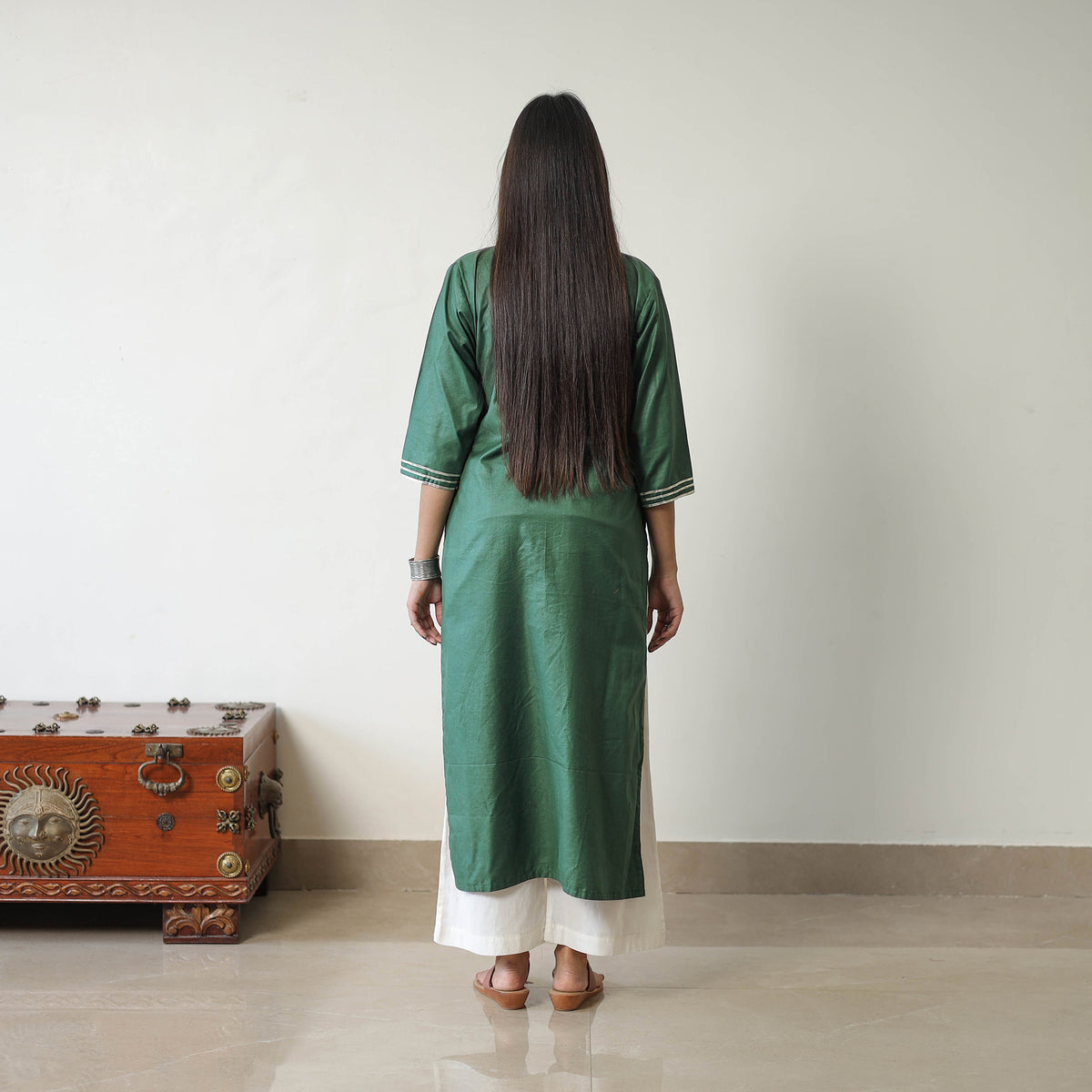 Mahira Green Linen Cotton Plain Kurta with Gota Work