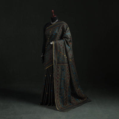 Black - Bengal Kantha Hand Embroidery Silk Cotton Chapa Work Saree 22