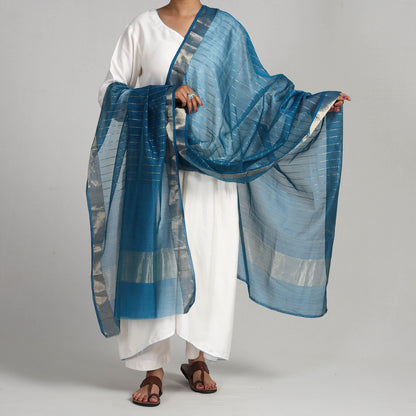 Blue - Traditional Chanderi Silk Handloom Zari Stripe Dupatta with Tassels