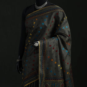 Black - Bengal Kantha Hand Embroidery Silk Cotton Chapa Work Saree 22