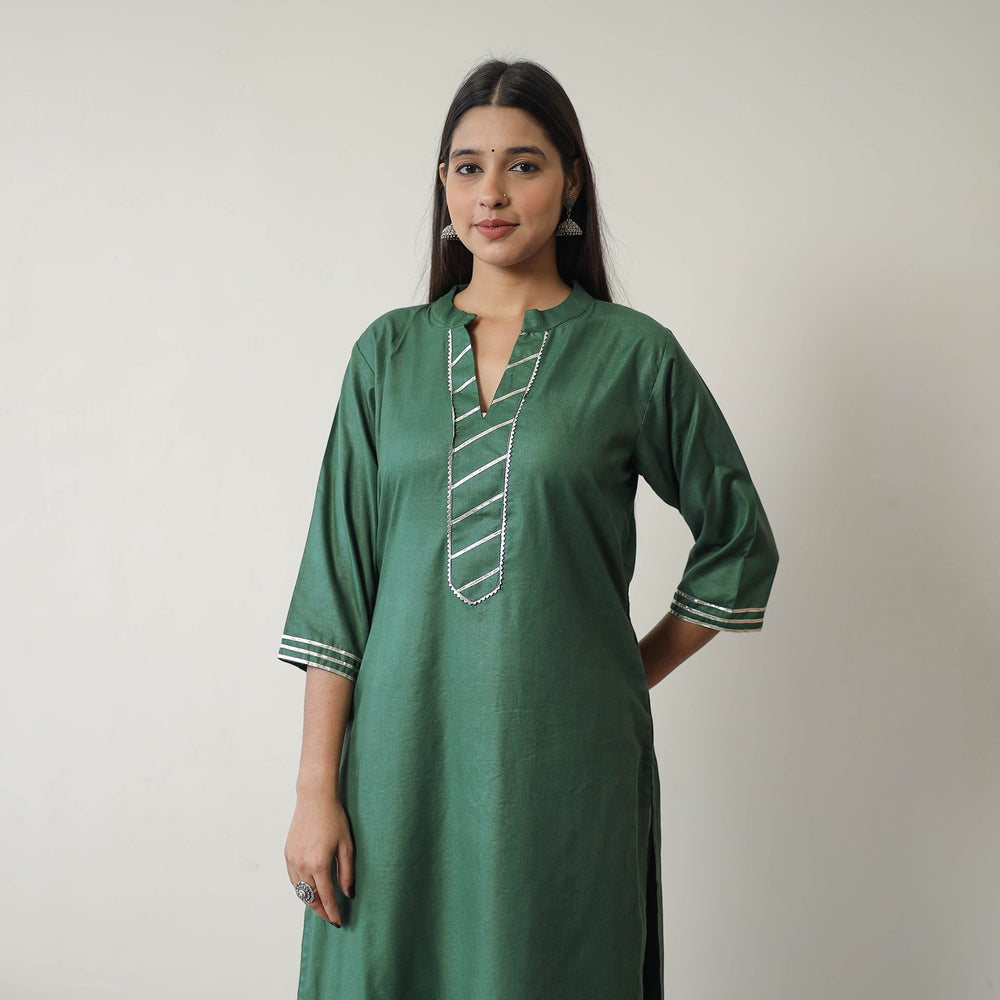 Mahira Green Linen Cotton Plain Kurta with Gota Work