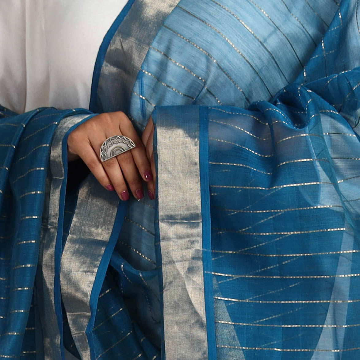 Blue - Traditional Chanderi Silk Handloom Zari Stripe Dupatta with Tassels