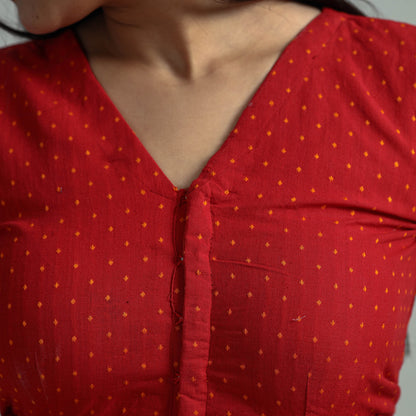 Red - Jacquard Weave Cotton Stitched Blouse 14