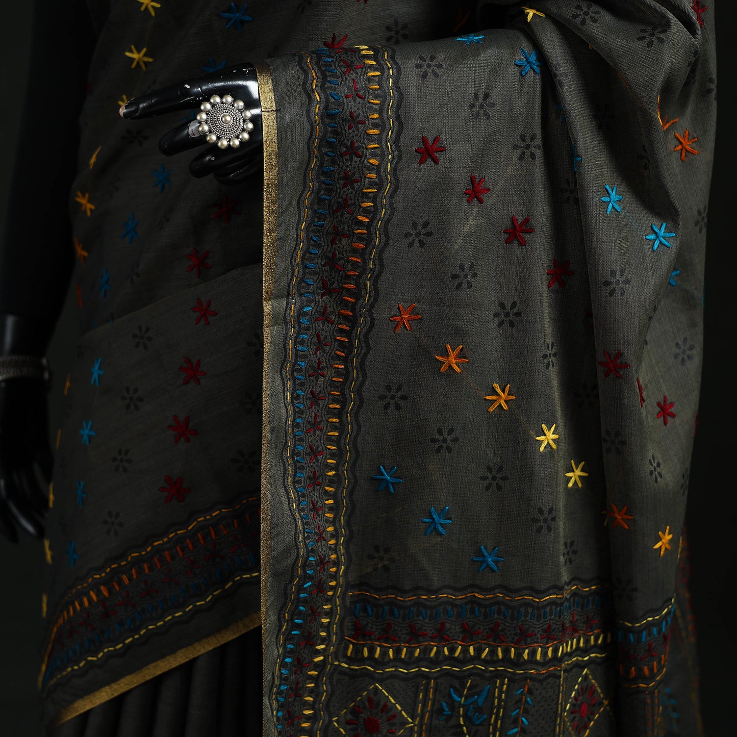 Black - Bengal Kantha Hand Embroidery Silk Cotton Chapa Work Saree 22