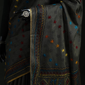Black - Bengal Kantha Hand Embroidery Silk Cotton Chapa Work Saree 22