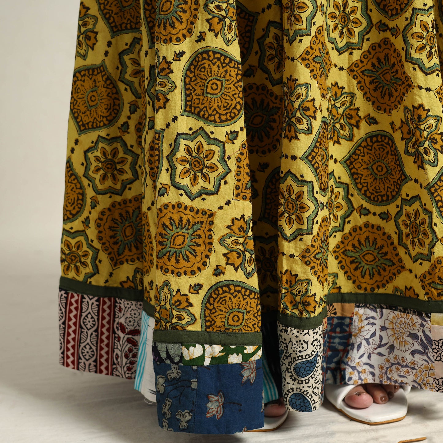 Yellow - Hand Block Printed Cotton Long Ajrakh Skirt 14