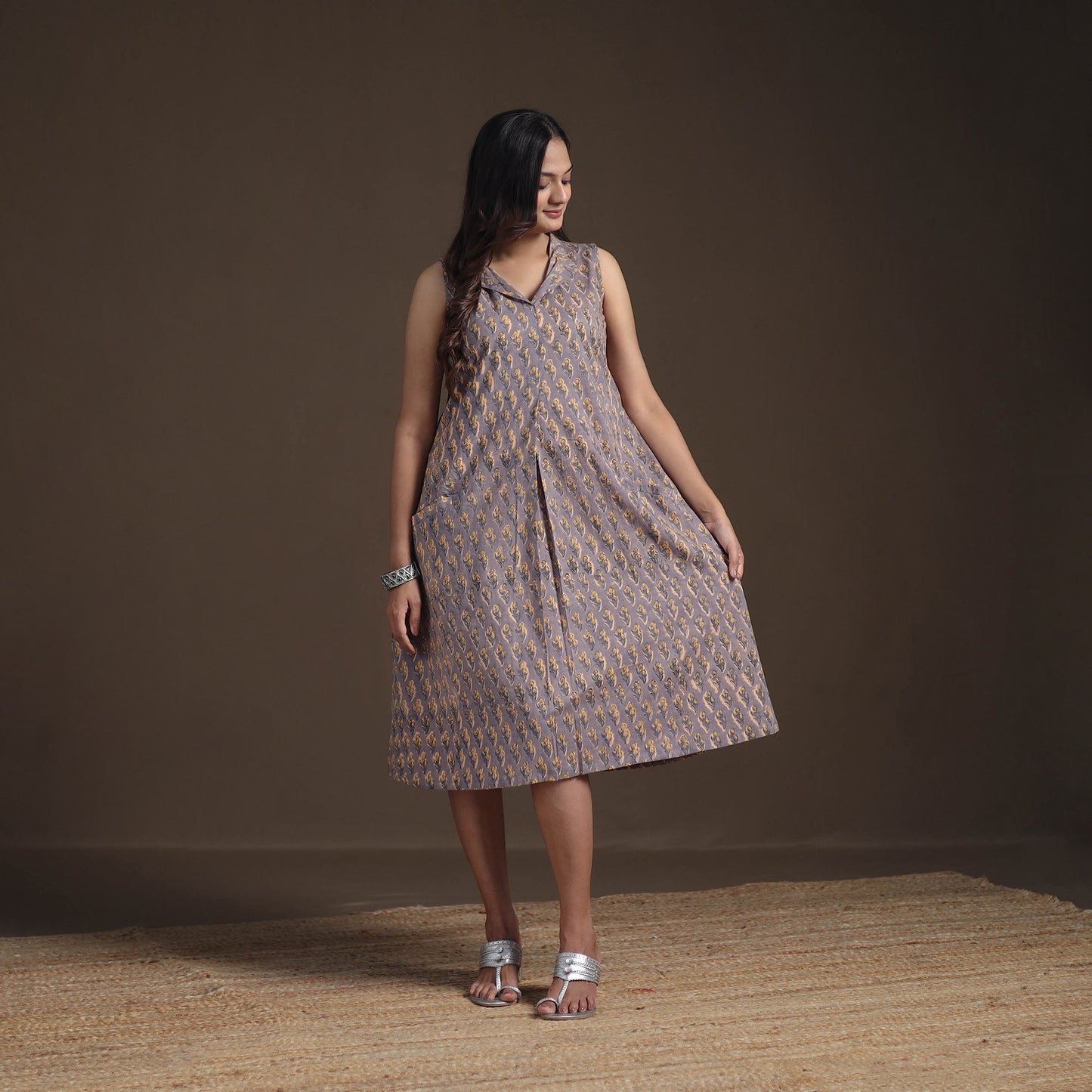 Sanganeri Floral Hand Block Print Cotton Flared Dress for Women 19