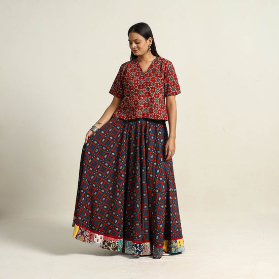 Multicolor - Hand Block Printed Cotton Long Ajrakh Skirt 15