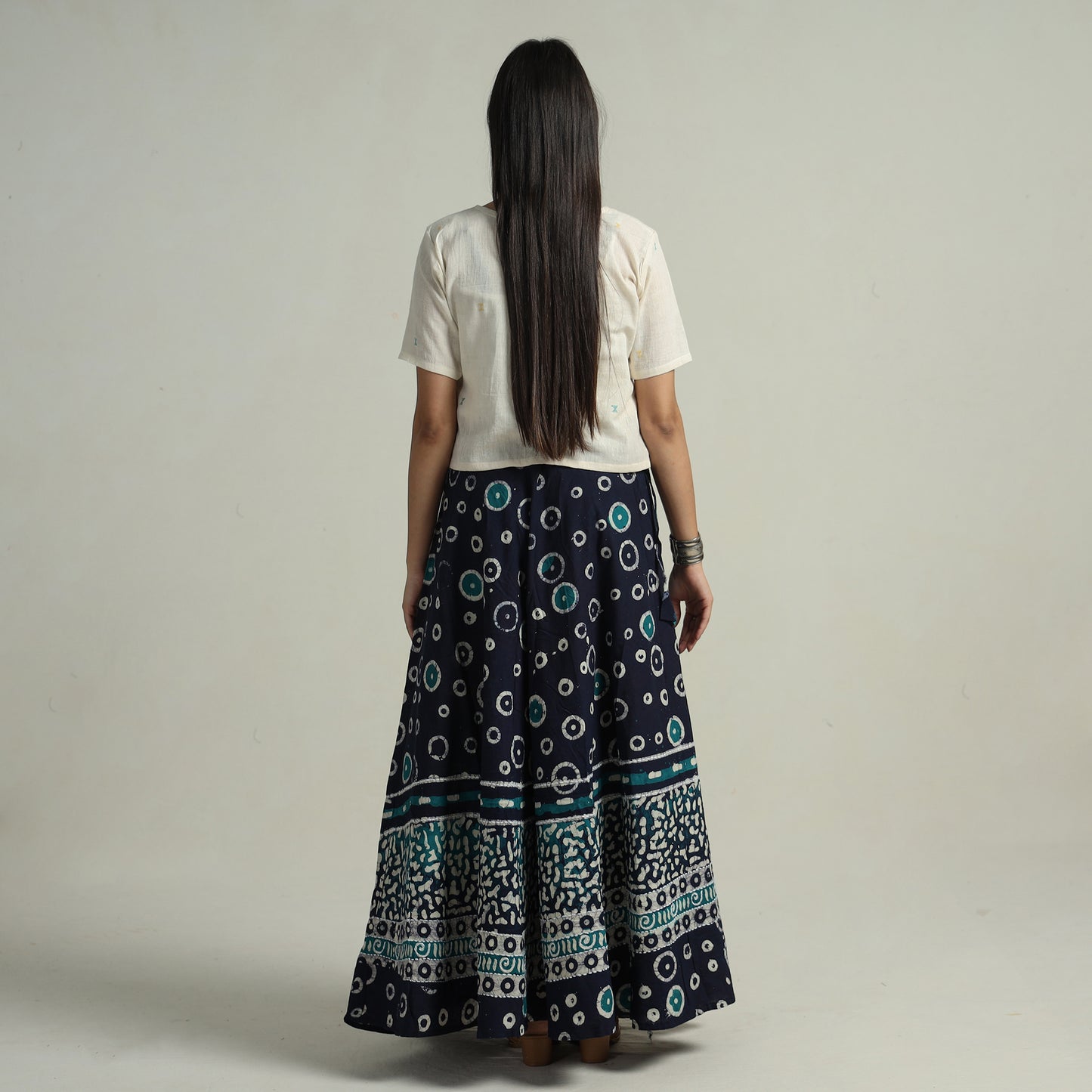 Blue - Hand Batik Printed Running Stitch Cotton Long Skirt 93