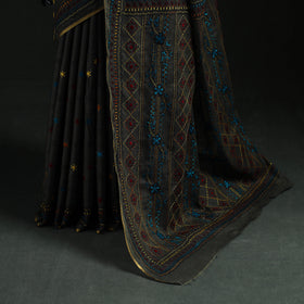Black - Bengal Kantha Hand Embroidery Silk Cotton Chapa Work Saree 22