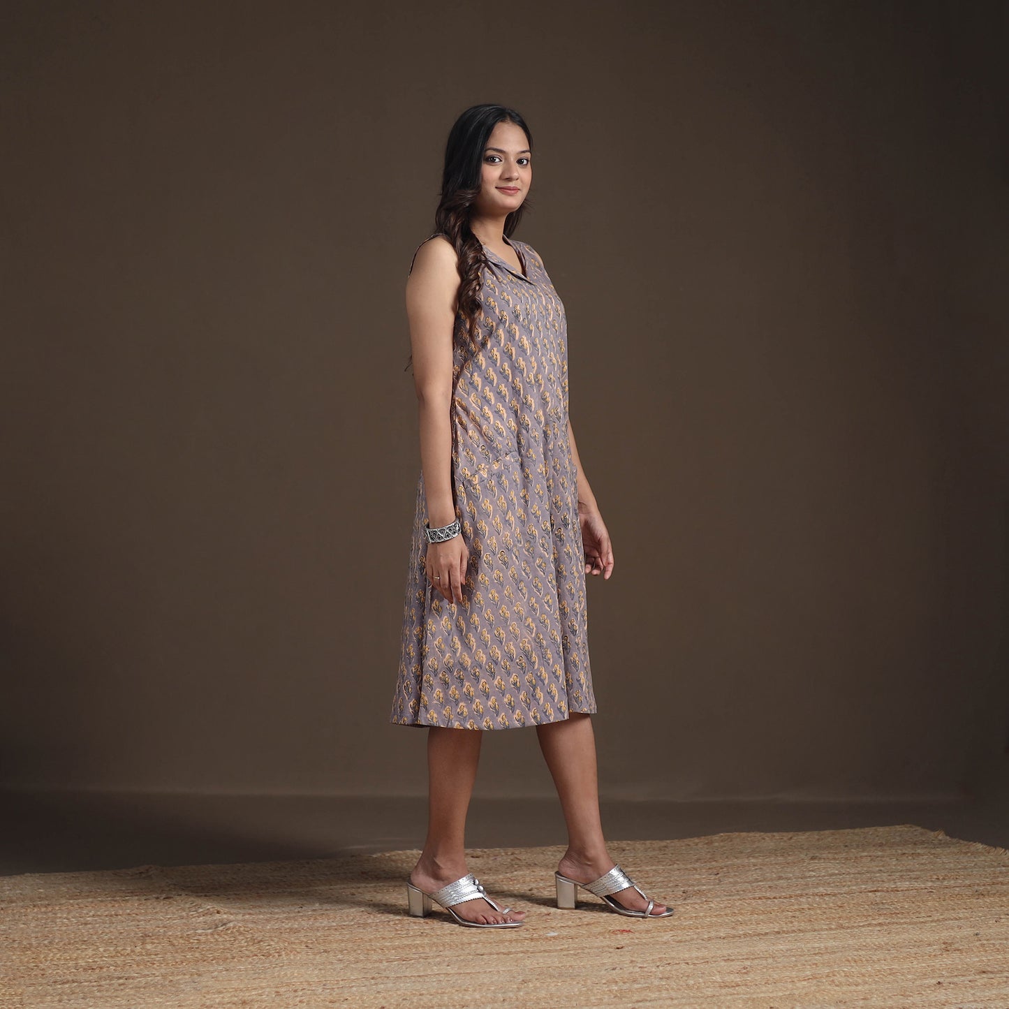 Sanganeri Floral Hand Block Print Cotton Flared Dress for Women 19