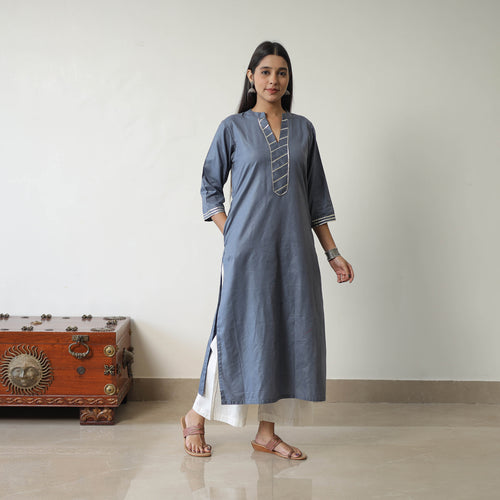 Ananya Grey Linen Cotton Plain Kurta with Gota Work