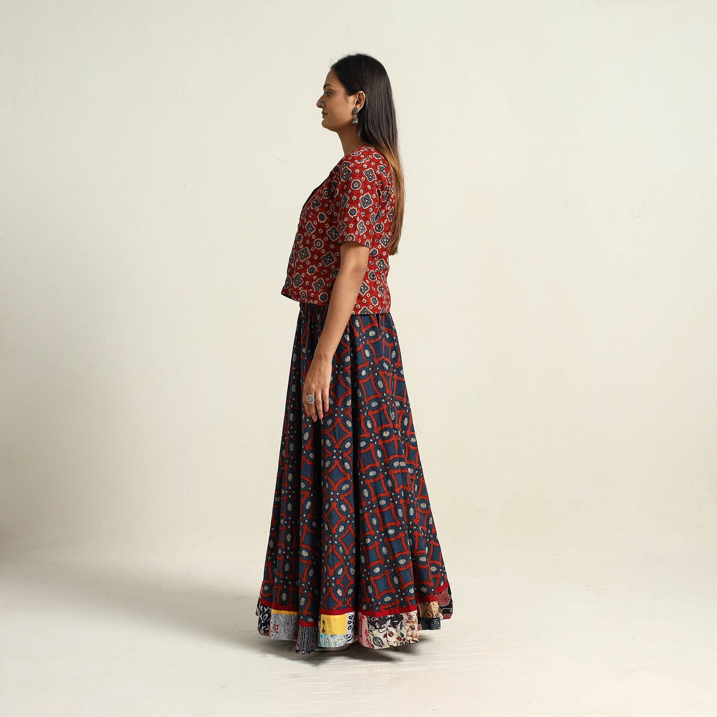 Multicolor - Hand Block Printed Cotton Long Ajrakh Skirt 15