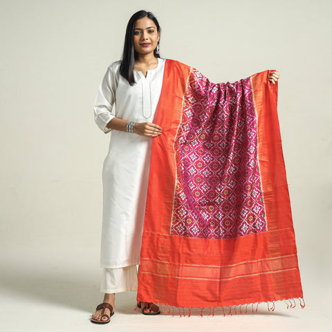 Purple - Handwoven Pochampally Ikat Pure Mulberry Silk Dupatta with Tassels