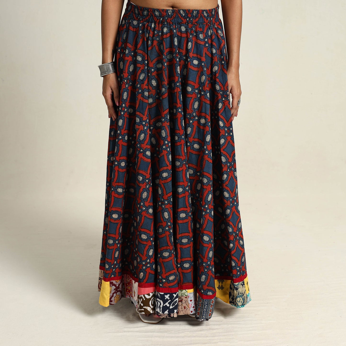 Multicolor - Hand Block Printed Cotton Long Ajrakh Skirt 15