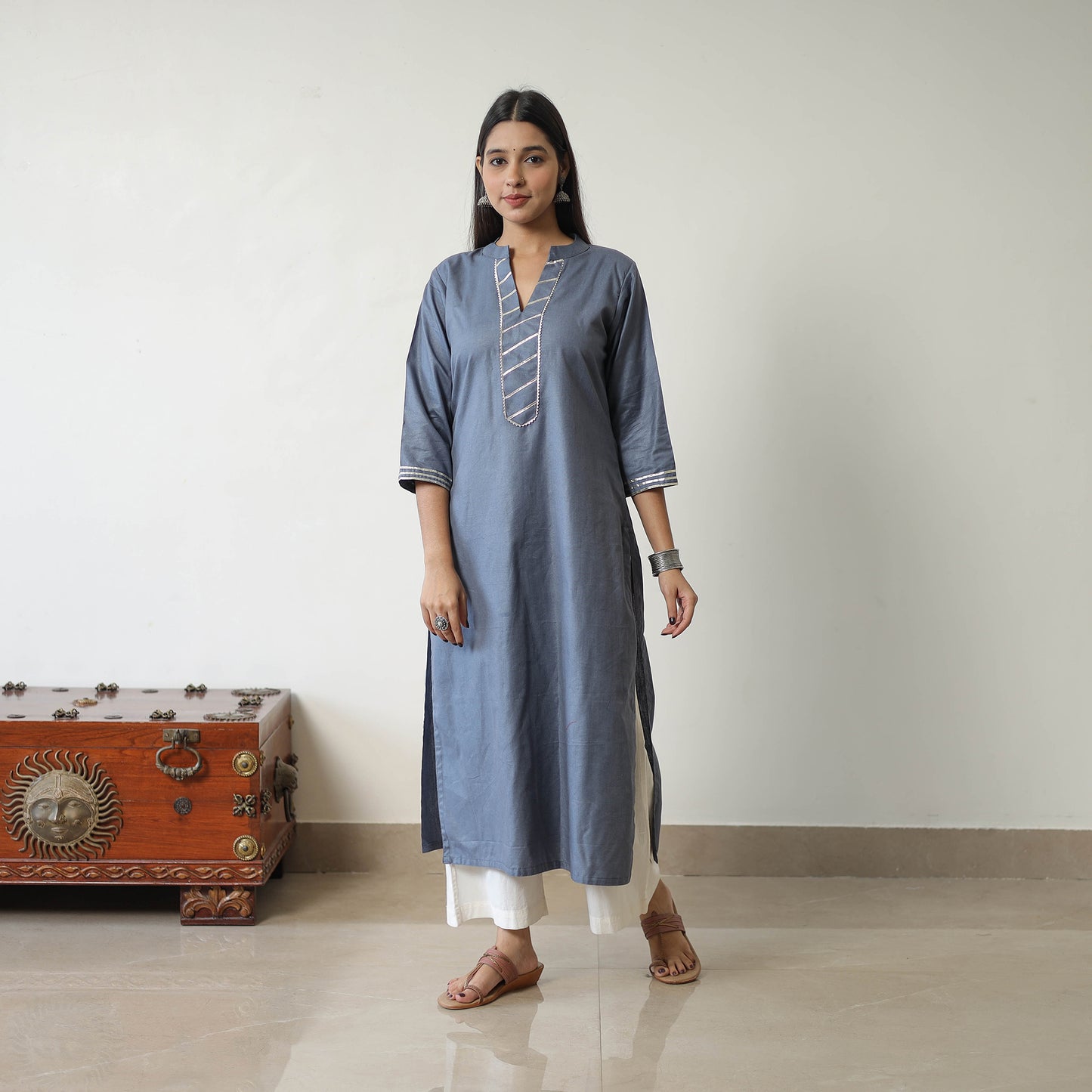 Ananya Grey Linen Cotton Plain Kurta with Gota Work