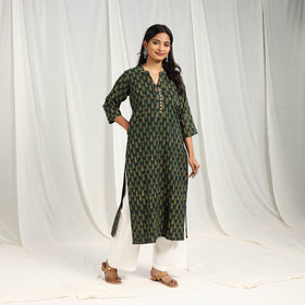 Buy Block Printed Cotton Straight Green Ajrakh Kurta