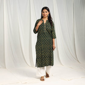 Buy Block Printed Cotton Straight Green Ajrakh Kurta