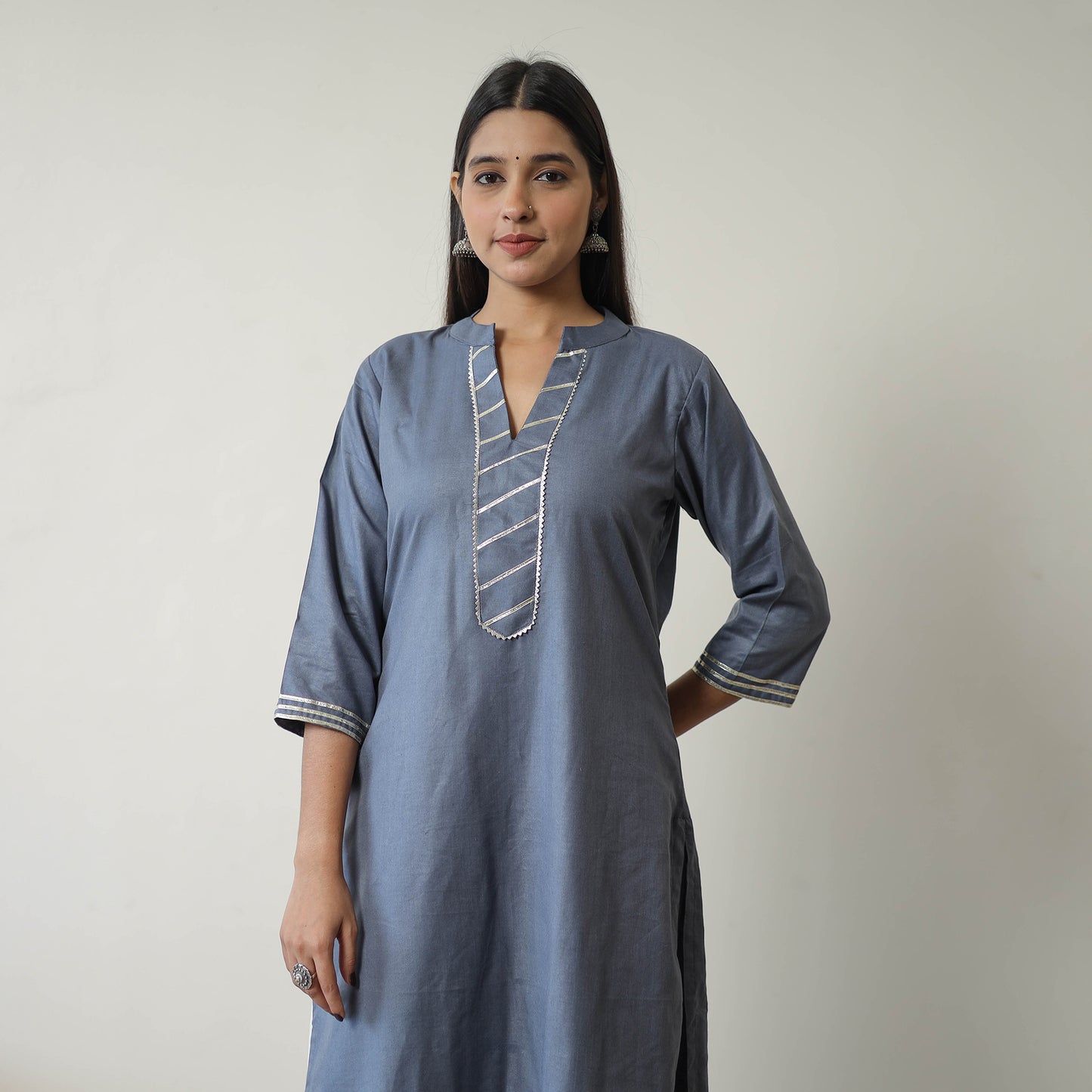 Ananya Grey Linen Cotton Plain Kurta with Gota Work