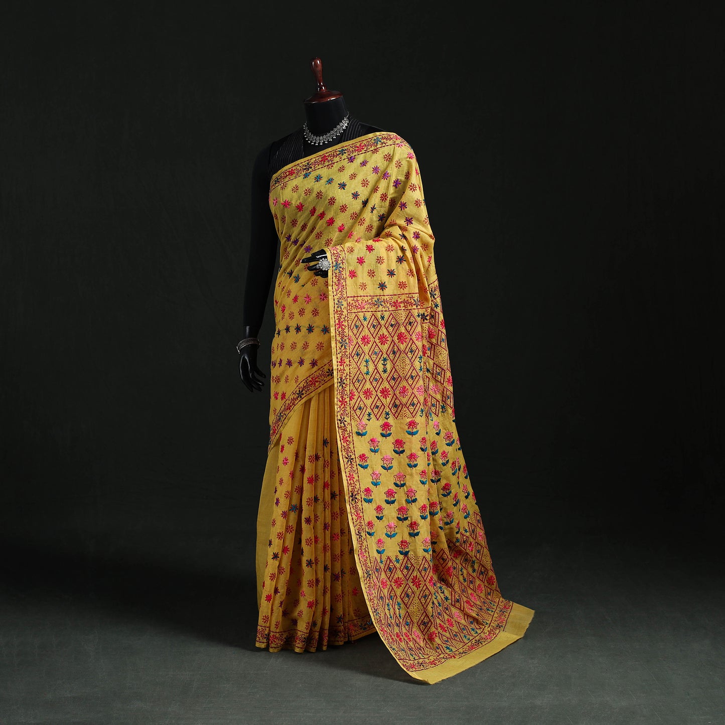 Yellow - Bengal Kantha Hand Embroidery Silk Cotton Chapa Work Saree 24