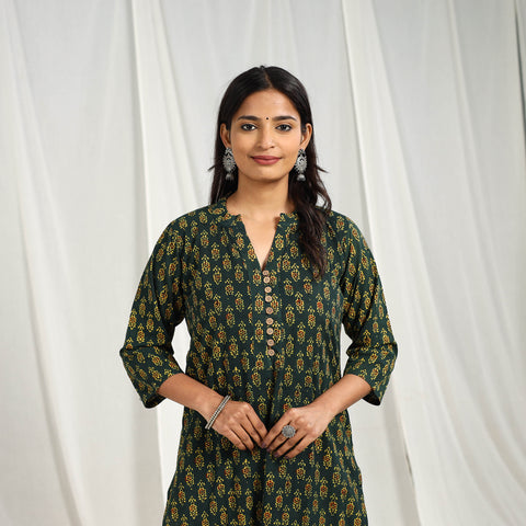 Buy Block Printed Cotton Straight Green Ajrakh Kurta