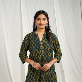 Buy Block Printed Cotton Straight Green Ajrakh Kurta