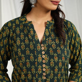Buy Block Printed Cotton Straight Green Ajrakh Kurta
