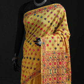 Yellow - Bengal Kantha Hand Embroidery Silk Cotton Chapa Work Saree 24