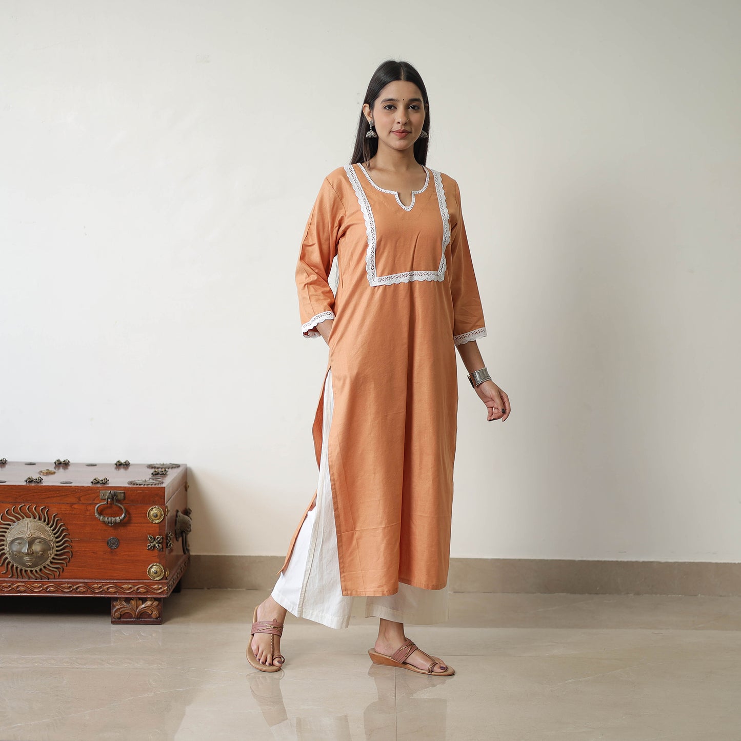 Rasika Orange Linen Cotton Plain Kurta with Lace Work