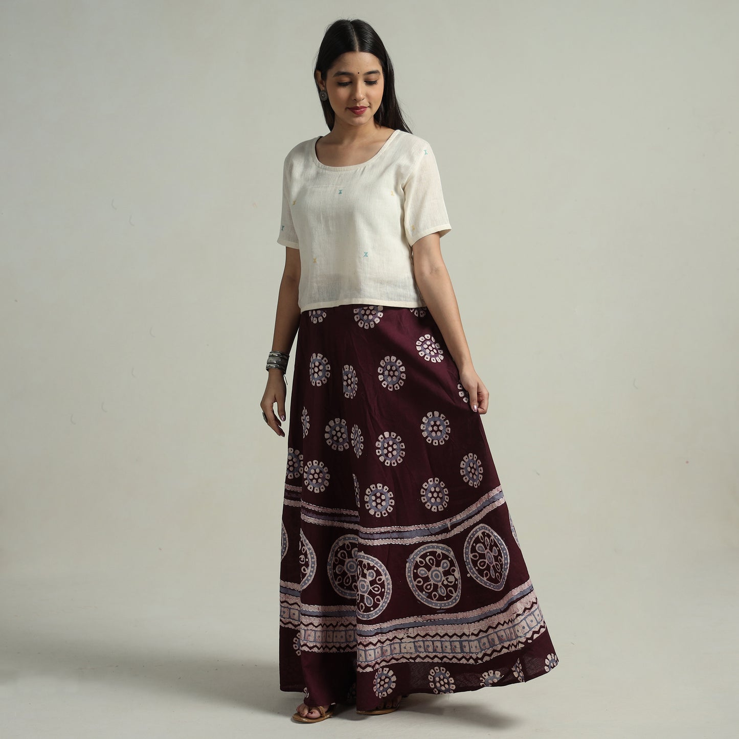 Maroon - Hand Batik Printed Running Stitch Cotton Long Skirt 95