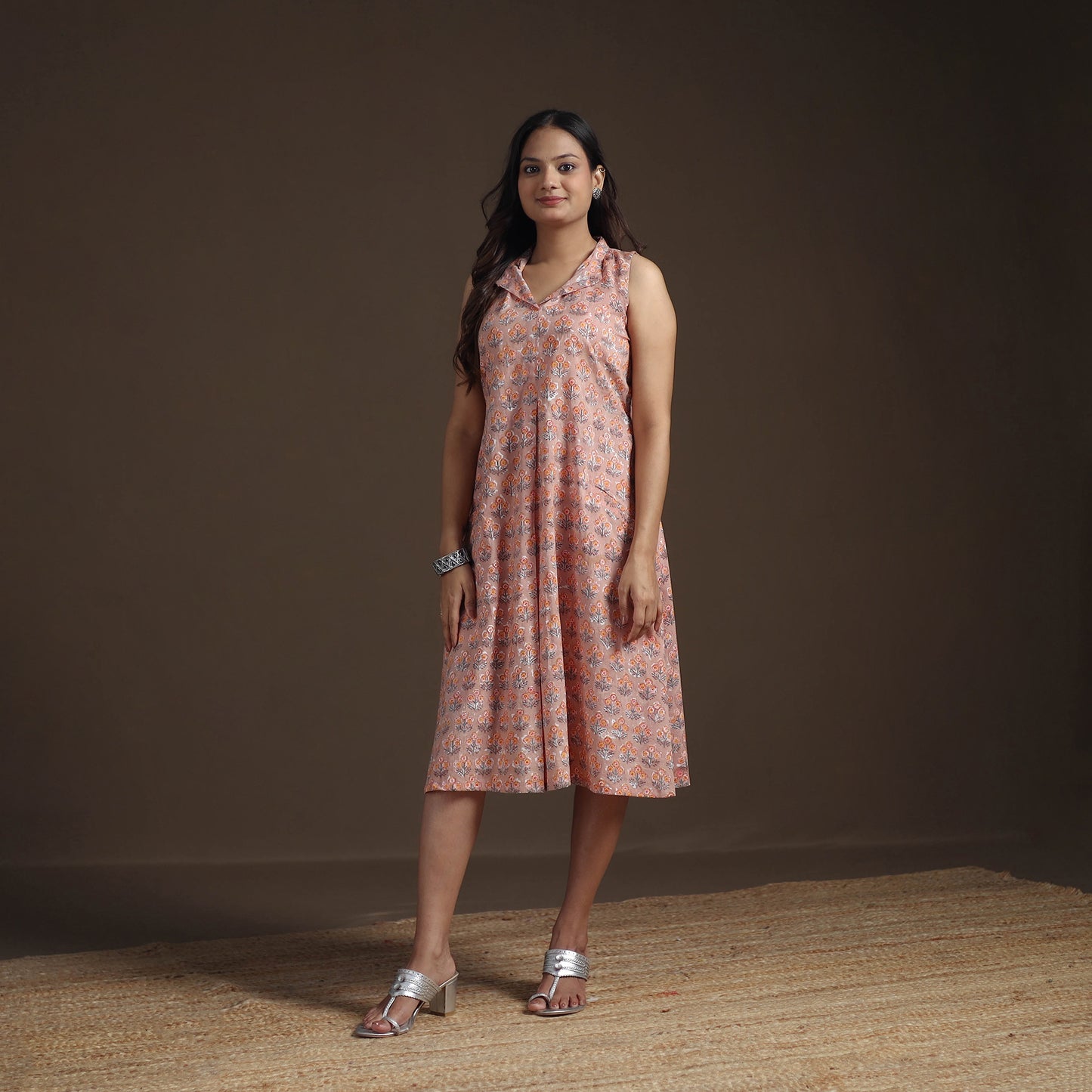 Sanganeri Floral Hand Block Print Cotton Flared Dress for Women 21