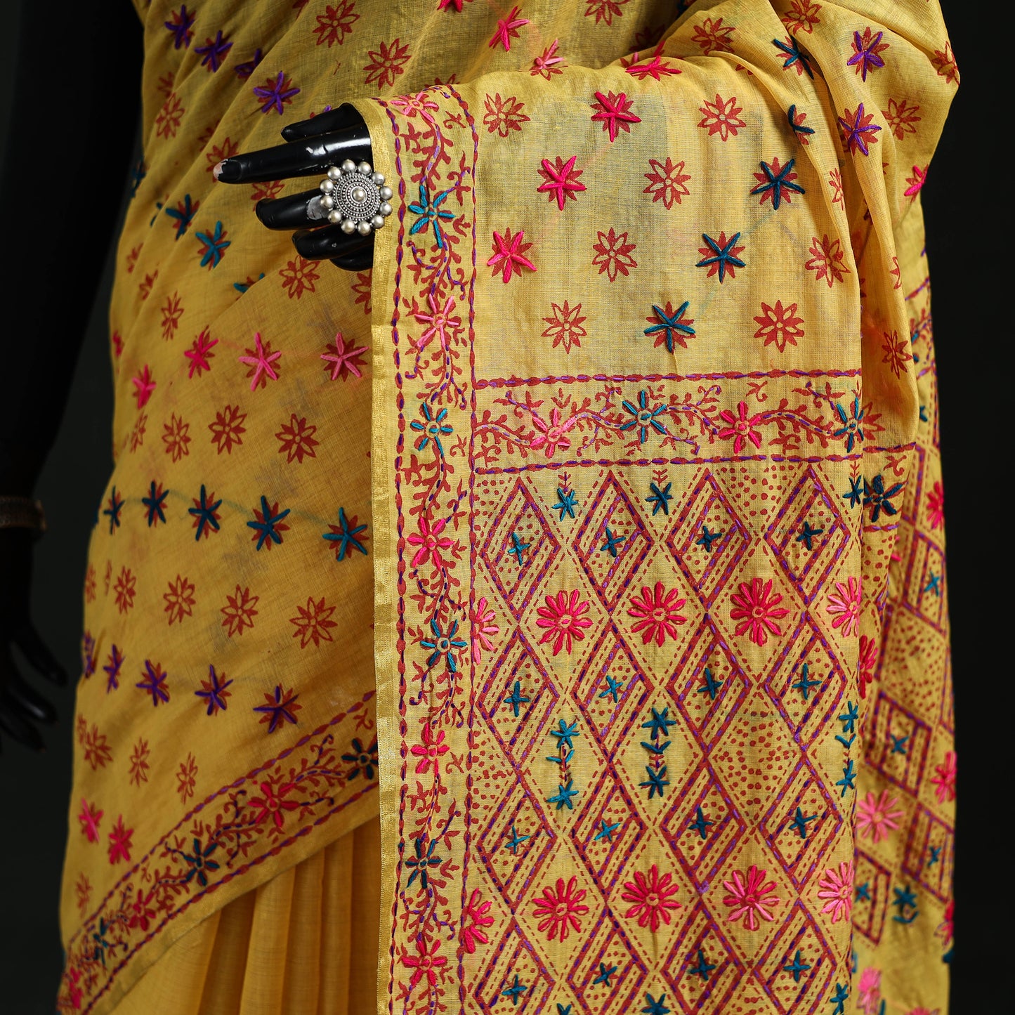 Yellow - Bengal Kantha Hand Embroidery Silk Cotton Chapa Work Saree 24