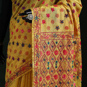 Yellow - Bengal Kantha Hand Embroidery Silk Cotton Chapa Work Saree 24