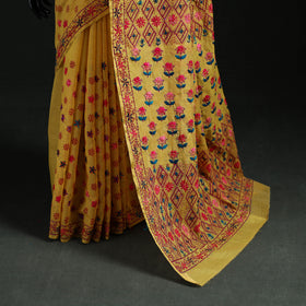 Yellow - Bengal Kantha Hand Embroidery Silk Cotton Chapa Work Saree 24