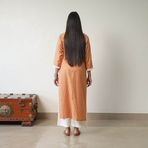 Rasika Orange Linen Cotton Plain Kurta with Lace Work