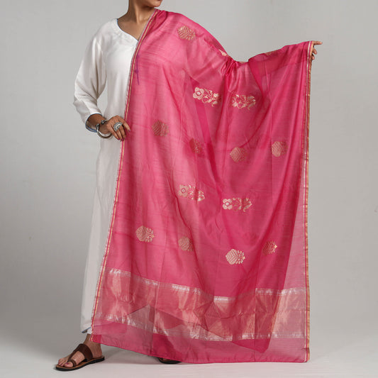 Pink - Traditional Chanderi Silk Handloom Zari Buta Dupatta
