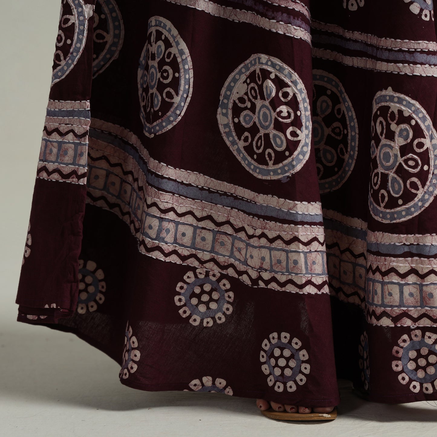 Maroon - Hand Batik Printed Running Stitch Cotton Long Skirt 95