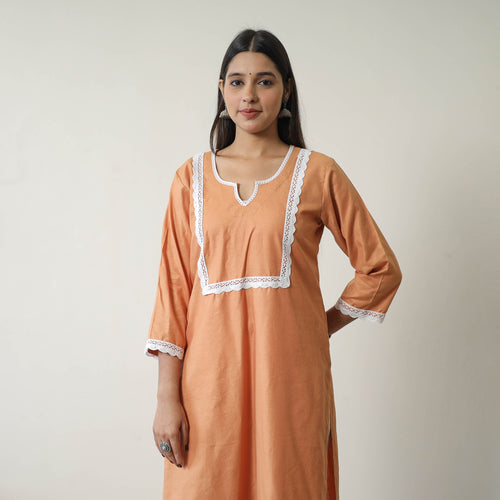 Rasika Orange Linen Cotton Plain Kurta with Lace Work