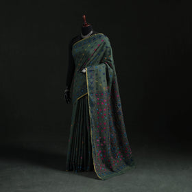 Green - Bengal Kantha Hand Embroidery Silk Cotton Chapa Work Saree 16