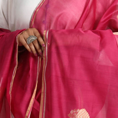 Pink - Traditional Chanderi Silk Handloom Zari Buta Dupatta