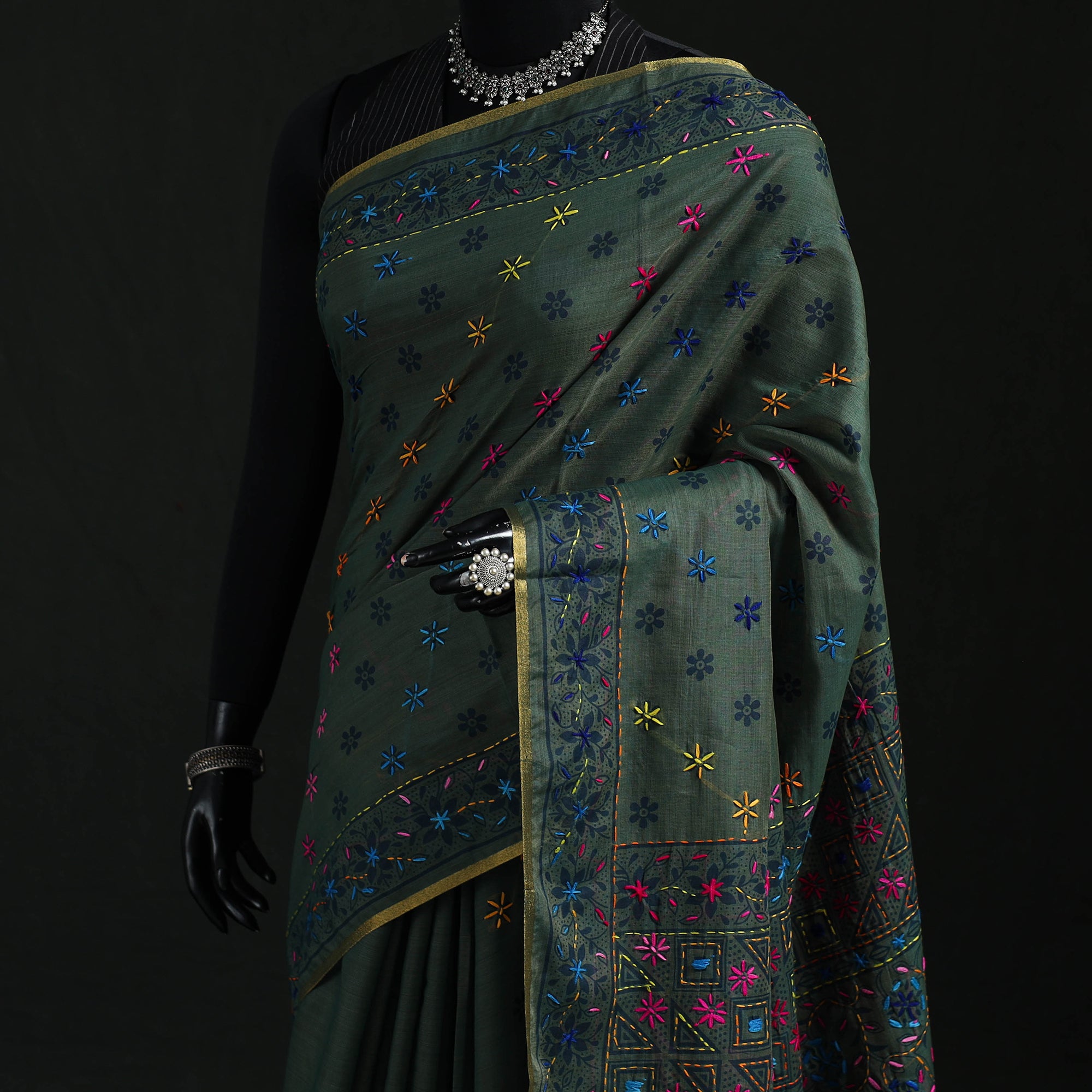 Hand Chapa Green Bengal Kantha Hand Embroidery Silk Cotton Chapa Work Saree