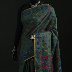 Green - Bengal Kantha Hand Embroidery Silk Cotton Chapa Work Saree 25