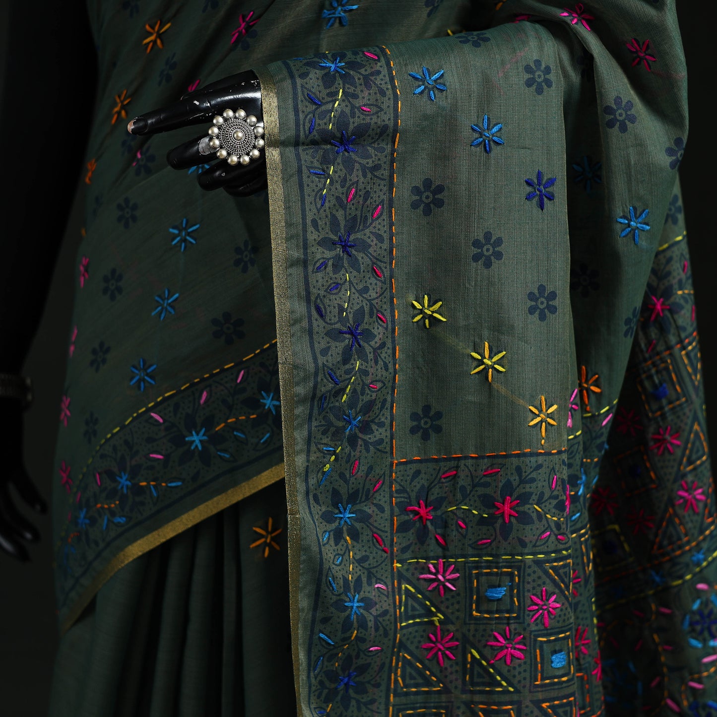 Green - Bengal Kantha Hand Embroidery Silk Cotton Chapa Work Saree 25