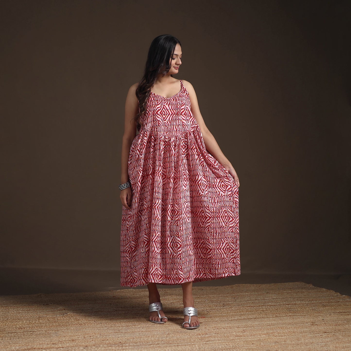 Sanganeri Floral Hand Block Print Cotton Flared Long Dress for Women 13