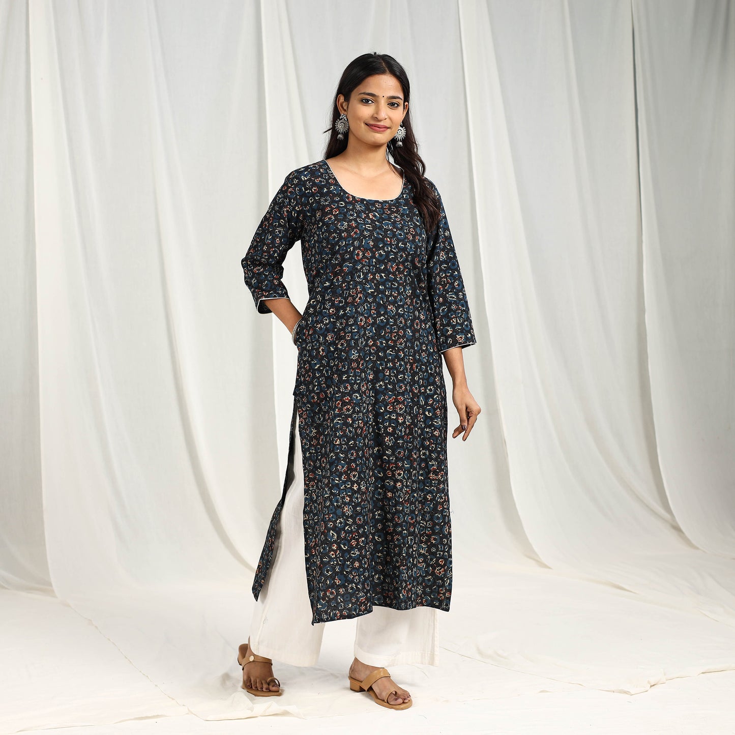 Buy Block Print Cotton Straight Blue Ajrakh Kurta for Women