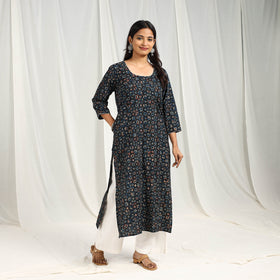 Buy Block Print Cotton Straight Blue Ajrakh Kurta for Women