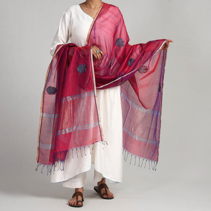 Pink - Traditional Chanderi Silk Handloom Zari Buta Dupatta with Tassels