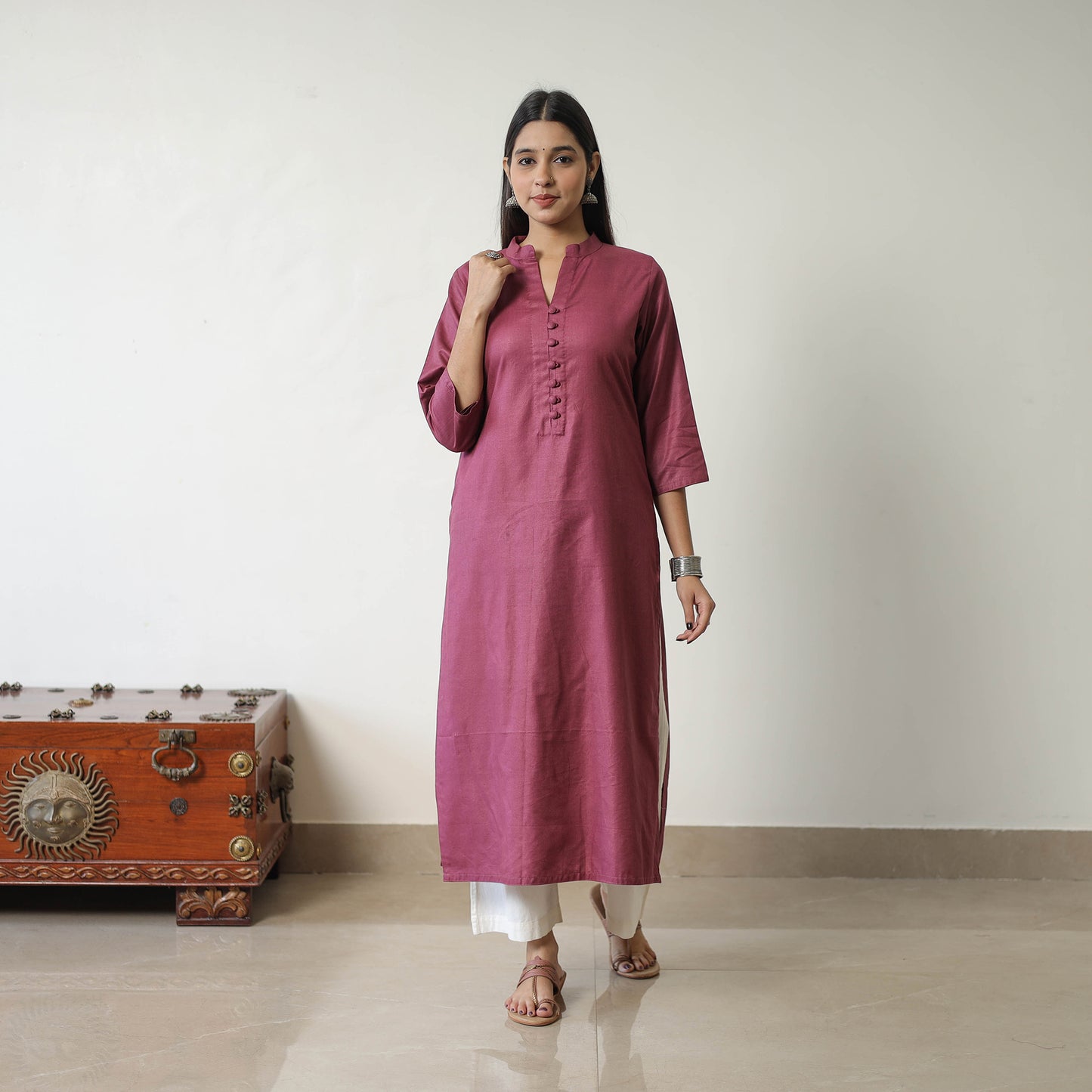 Raha Purple Linen Cotton Plain Kurta