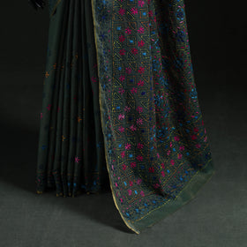 Green - Bengal Kantha Hand Embroidery Silk Cotton Chapa Work Saree 25