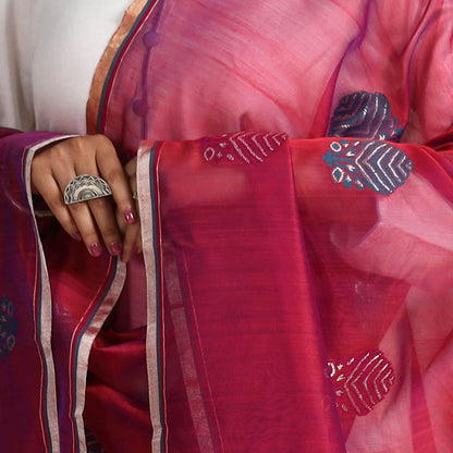 Pink - Traditional Chanderi Silk Handloom Zari Buta Dupatta with Tassels